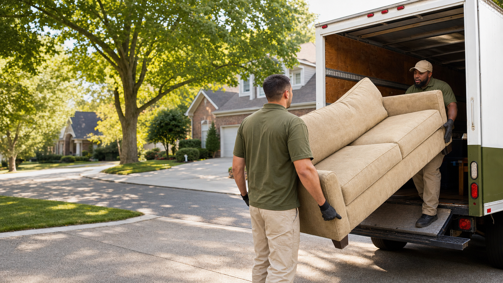 Move That Mess crew in olive uniforms loading a couch into the truck on an Atlanta driveway
